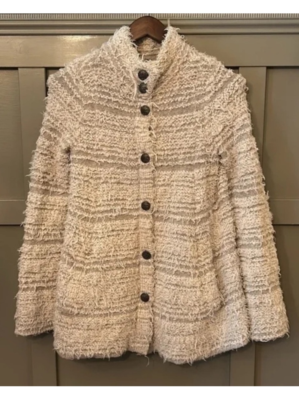 Free People Shaggy Knit Sweater Coat Ivory Gray Stripe Button Front Size XS